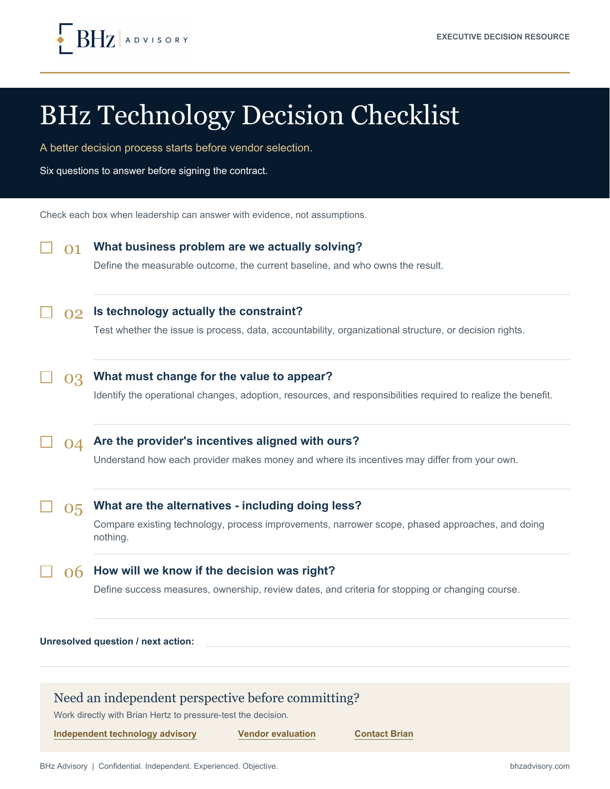 Preview of the one-page BHz Technology Decision Checklist with six questions, checkboxes, and a notes area